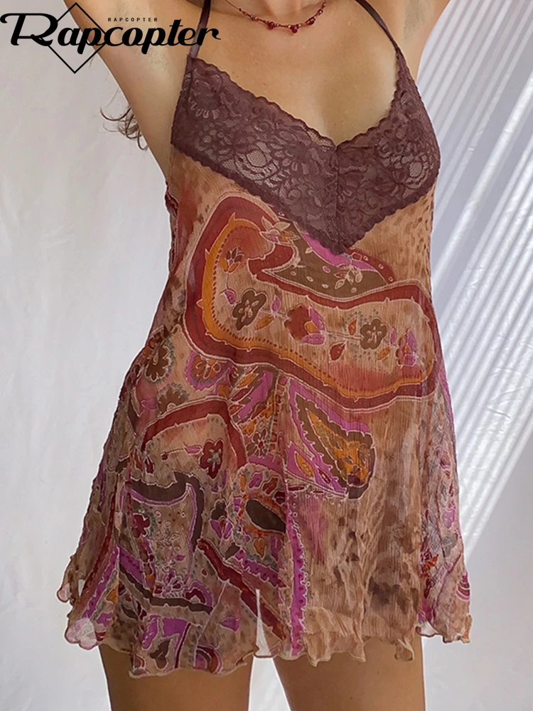 Шифоновое платье Rapcopter y2k на бретелях-спагетти с принтом кружевное