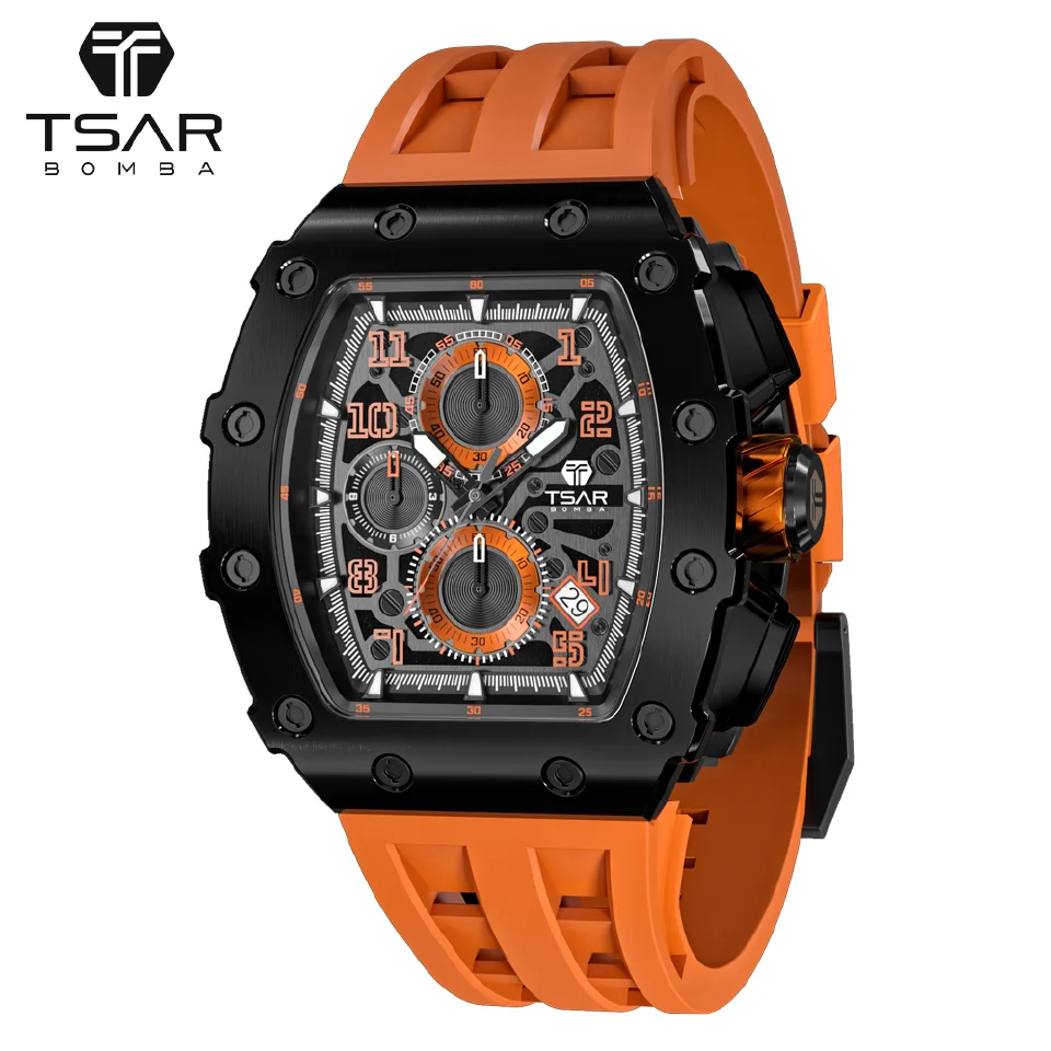 

TSAR BOMBA Tonneau Watch Men Top Brand Luxury 50M Waterproof Sapphire Wristwatch Sport Clock Chronograph Fashion Watch for Men
