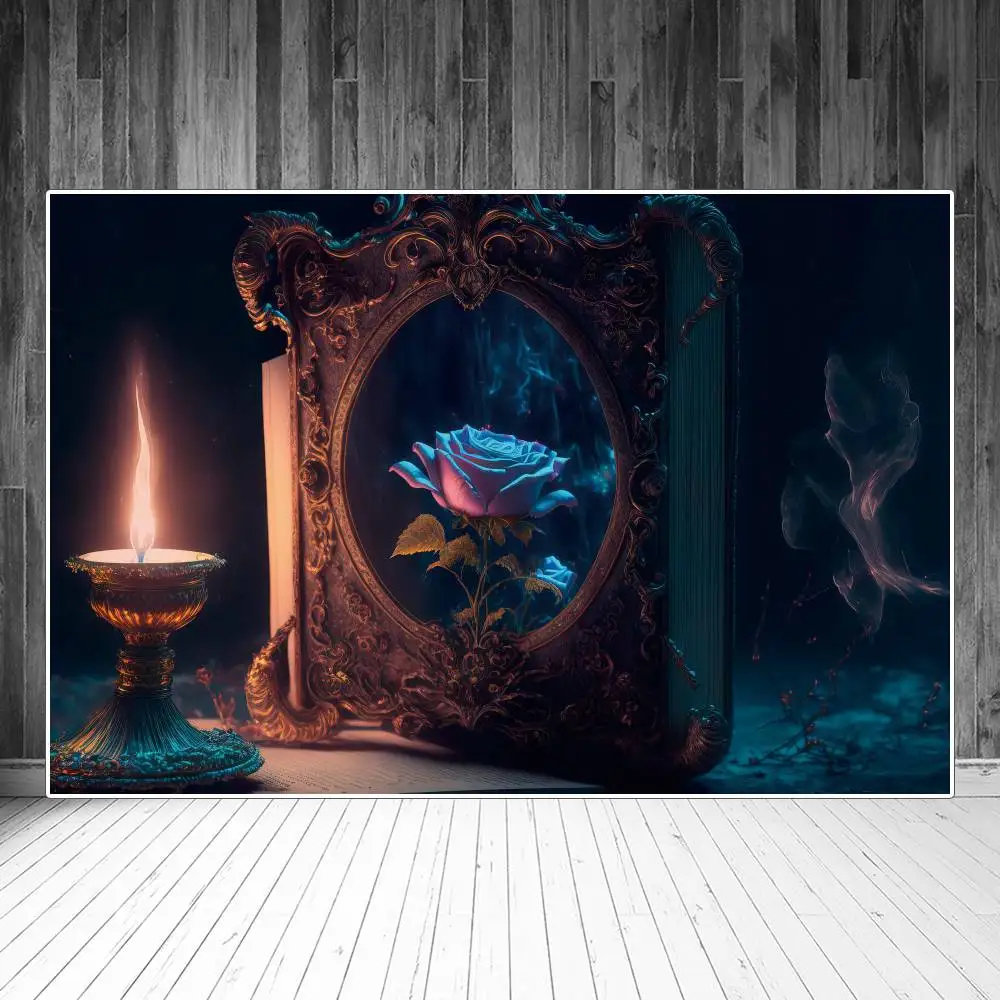 

Fairytale Magic Book Mirror Photography Backdrops Party Decoration Candle Rose Fog Sign Baby Photocall Photo Background Props