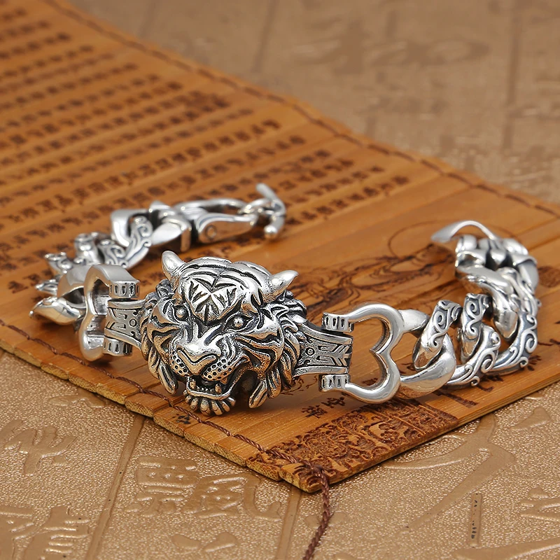 Мужской серебряный браслет с головой тигра оригинальный дизайн - купить по
