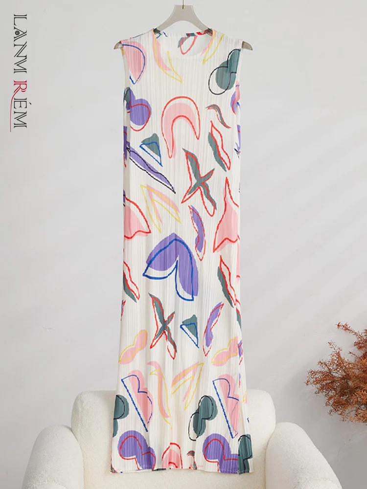 

LANMREM Designer Printed Pleated Dress Women's Round Neck Sleeveless Straight Split Dresses Casual Female Clothing 2023 32D360