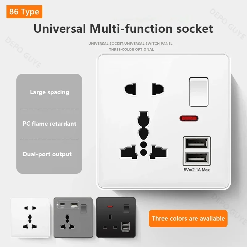 Фото Универсальная 5-контактная розетка с двумя USB-портами, белая умная розетка 18 Вт для быстрой зарядки с разъемом типа C, настенная электрическая розетка стандарта Великобритании, 220 В №1