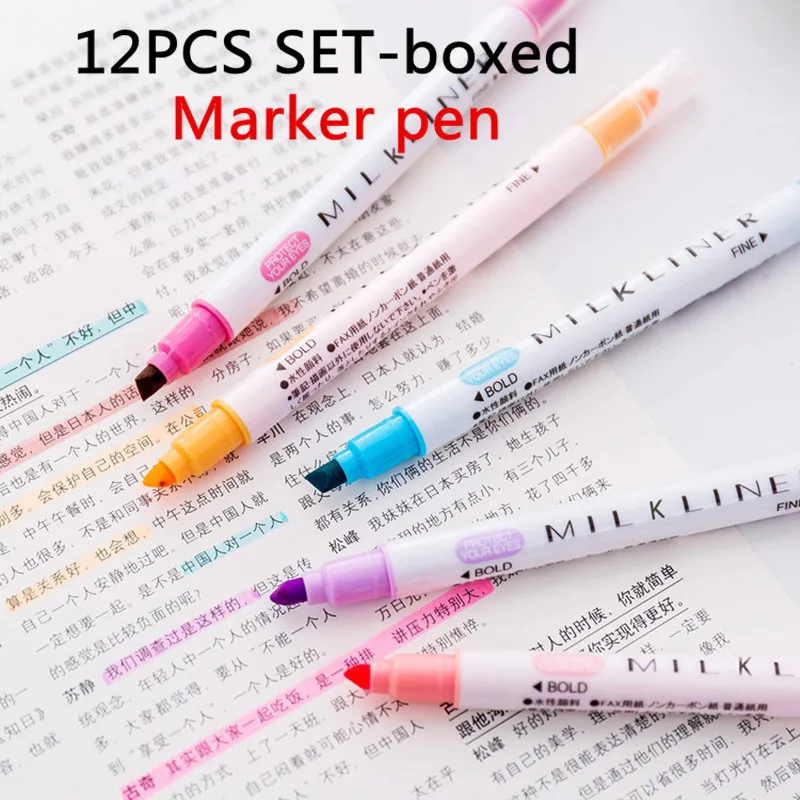 

Exquisite Boxed 12pcs Color Double-headed Highlighter Oblique Head Mark Key Marker Pen for Children's Learning Stationery Prizes