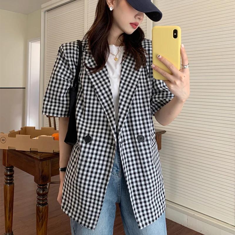 Clothland Women Summer Plaid Blazer Short Sleeve Double Breasted Jacket Retro Office Wear Coat Mujer CA532