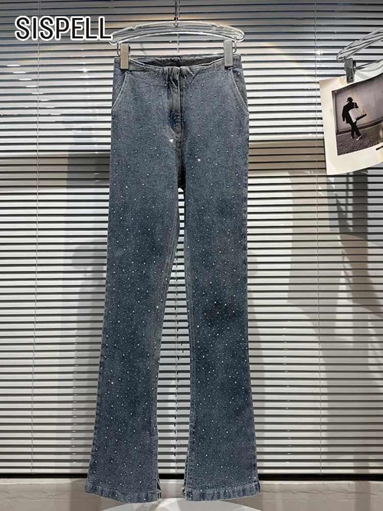 

Женские джинсовые брюки SISPELL, однотонные расклешенные брюки с разрезом, длинные узкие брюки в стиле пэчворк со стразами, весна 2023