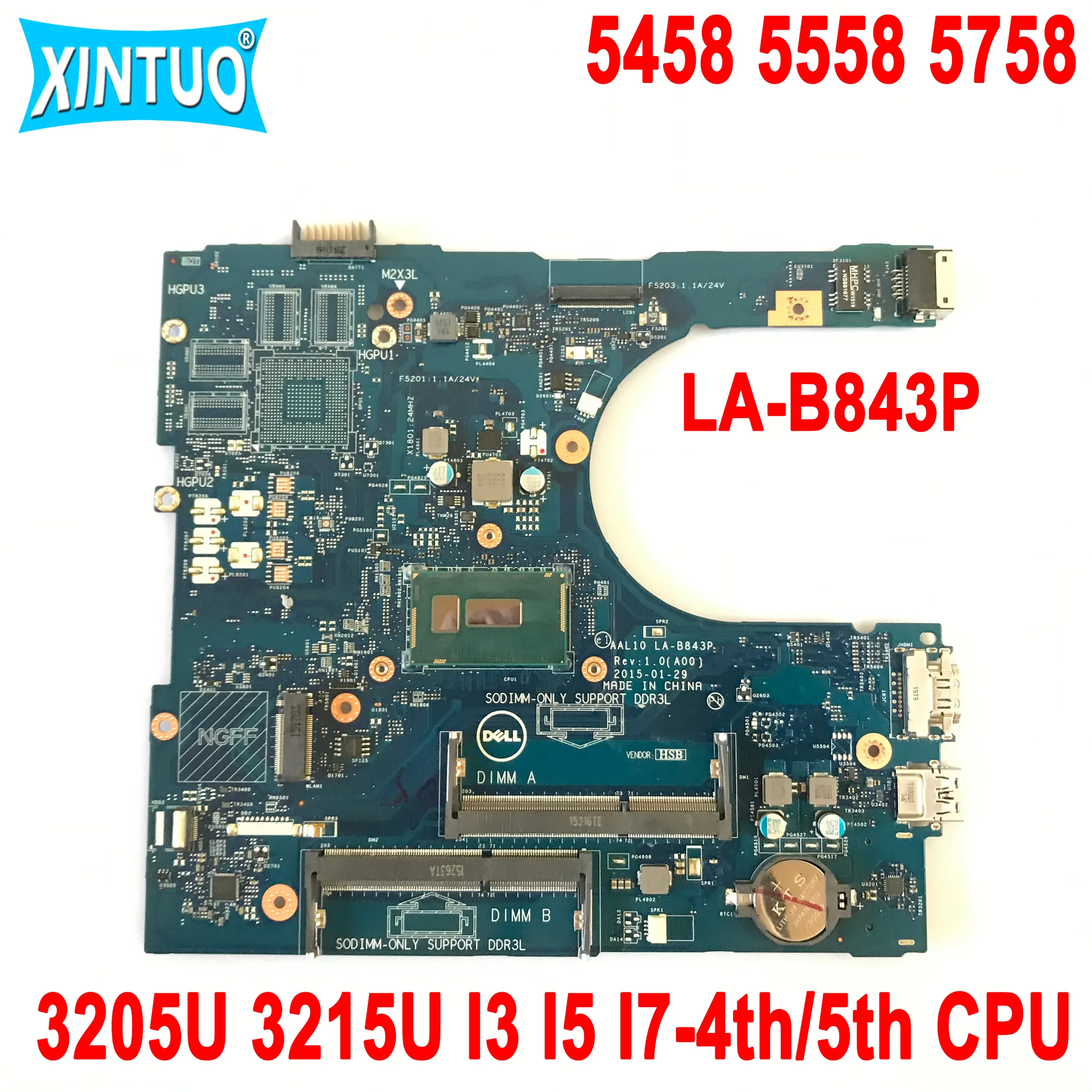 For Dell Inspiron 5458 5558 5758 Laptop Motherboard AAL10 LA-B843P with 3205U 3215U I3 I5 I7-4th/5th CPU DDR3 100% Test Work