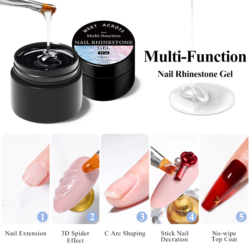 

MEET ACROSS 4 in 1 Function Gel Adhensive Rhinestone Nail Glue Spider Liner Gel Nail Polish Acrylic Extension Nail Gel Manicures