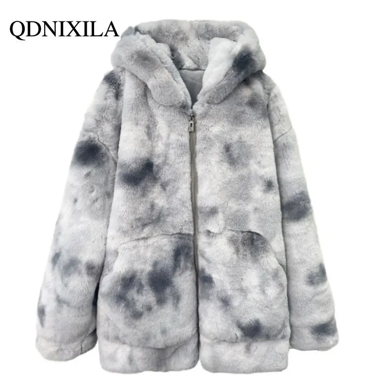 Women's Fur Coat Faux Fur Coat Lambswool Jackets Thickened Plush Rabbit Fur The Tie-dyed Hooded Fur Coat Women Jacket