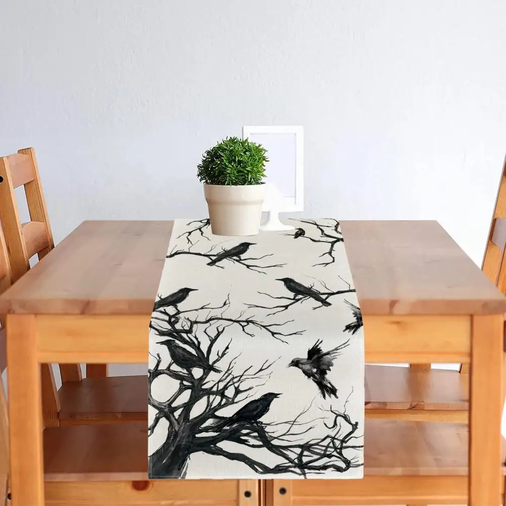 

Halloween Decor Table Runner Spooky Seasonal Dining Decor Crow Withered Tree Print Flax Table Runner for Halloween Kitchen
