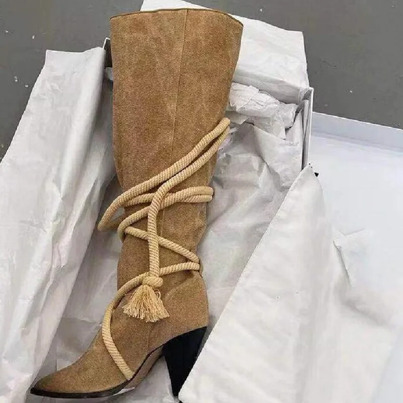 Soft Suede Leather Short Boots Autumn Winter Daily Shoes Spike High Heel Women's Knee high Boots Cross Rope