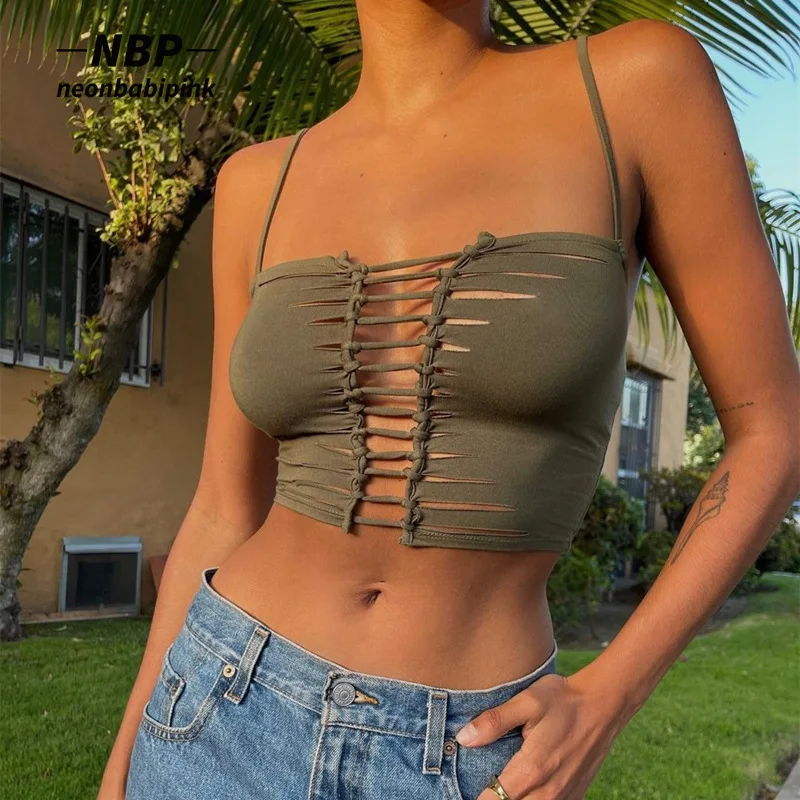 

NEONBABIPINK Sexy Tops Women 2022 Summer Trendy Hollow Out Cropped Tank Top Streetwear Women Army Green Camisole N33-AE10