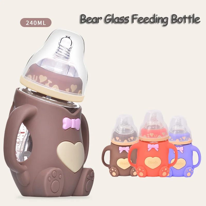 240ml Baby Feeding Bottle with Grip Wide-Caliber Drinking Cup Silicone Anti-scald Protective Cover Infant Drinking Milk Bottles