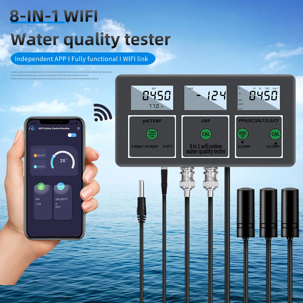 Цифровой Wi-Fi тестер качества воды 8 в 1 измеритель PH EC TDS соли SG Temp ORP CF