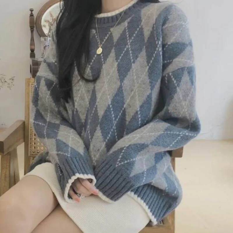 

YUQI Argyle O-neck Women Sweaters Autumn Winter Warm Pullover Loose Preppy Style Tops Knitted Sweater Student Jumper Pull Female
