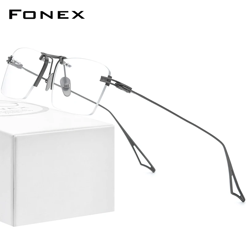 FONEX Titanium Eyeglasses Frame Men New Rimless Square Prescription Glasses Optical Frame Eyewear Act-Six