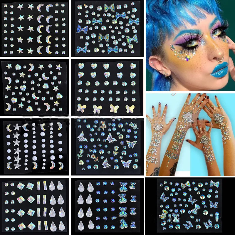 1 Sheet Face Gems 3D Crystal Self-Adhesive Rhinestone Jewels Stickers Festival Fancy Party Body Glitter Decal DIY Facial Tattoo