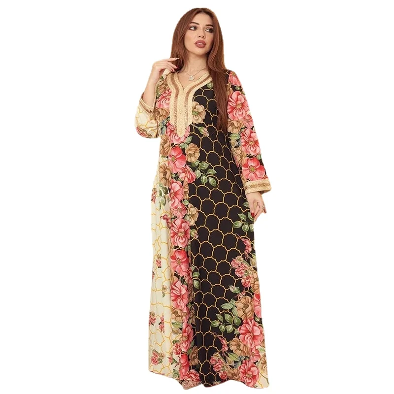 

Dubai Women Muslim Abaya Evening Gowns Flowers Print Boho Long Sleeve Dresses Party Kaftan Kimono Islamic Clothing Boubou