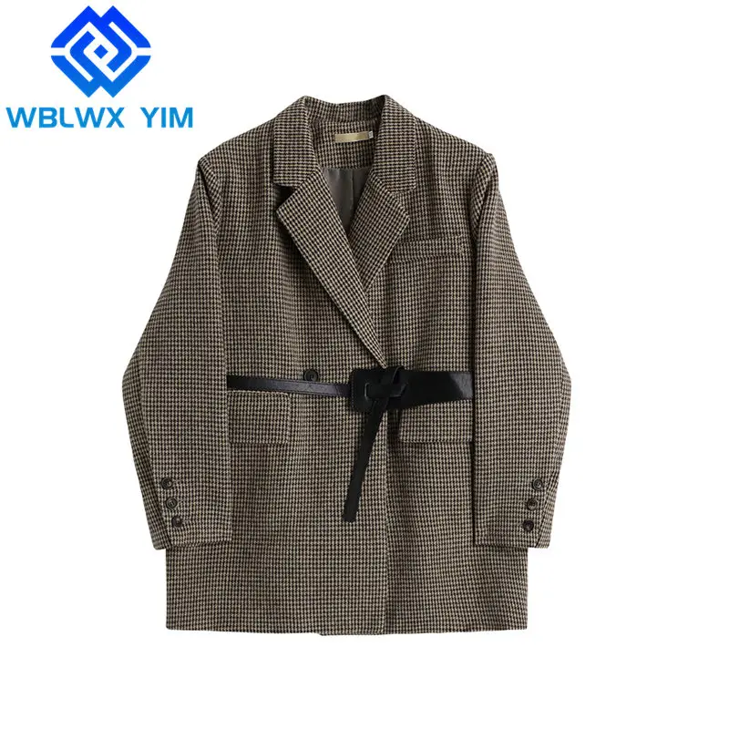 

Autumn Winter Women High Quality Blazer Jacket Double Breasted Fashion Plaid Suit Jacket Ladies Woolen Blazers Coat With Belt