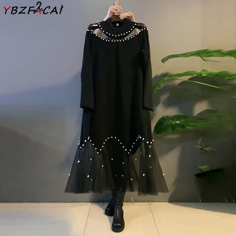 

M-4XL Women's Dress Fall Winter Loose Long Sleeve Black Fishtail Dress Elegant O Neck Beaded Patchwork Mesh Knee Length Dress