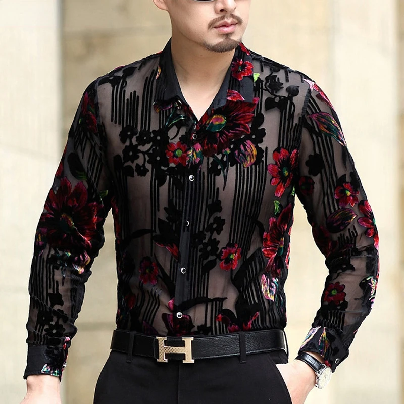 

Sexy Transparent Floral Dress Shirts Men 2020 Luxury Brand Slim Fit Long Sleeve Chemise Party Event Lace Sheer Blouse