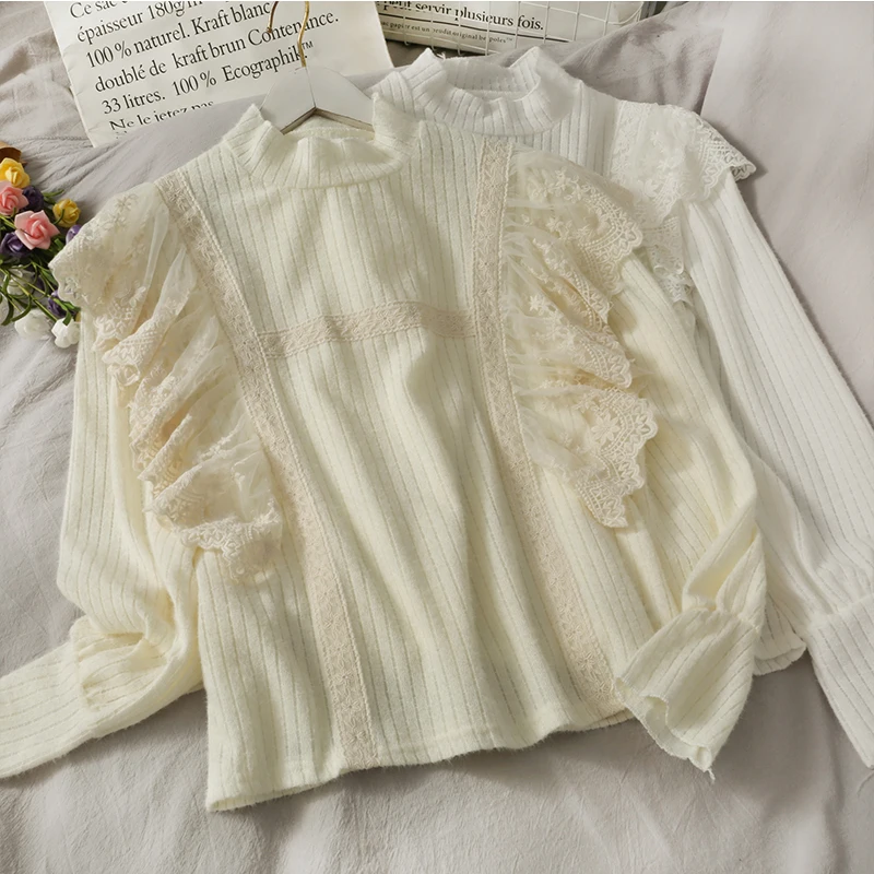 Spring Lace Ruffle Knitted Sweater Women 2021 Cropped Knitted Sweater Vintage Lantern Sleeve Female Pullovers Chic Bottoming Top
