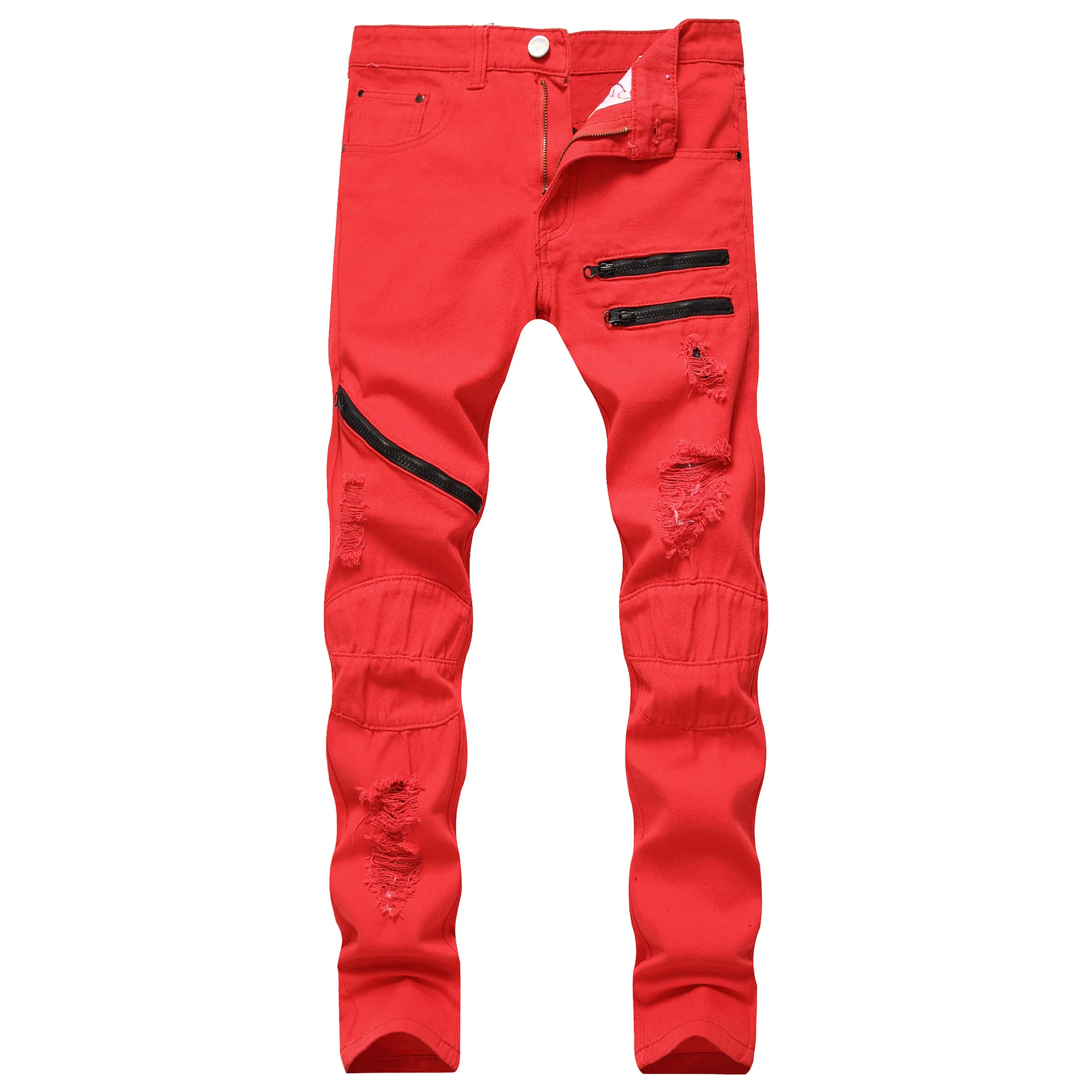 2023 Spring New Mens Hole Denim Trousers Fashion Ripped Red Jeans Hip Hop Vintage Skinny Jeans Man Zip Up Casual Jean Homme 바지