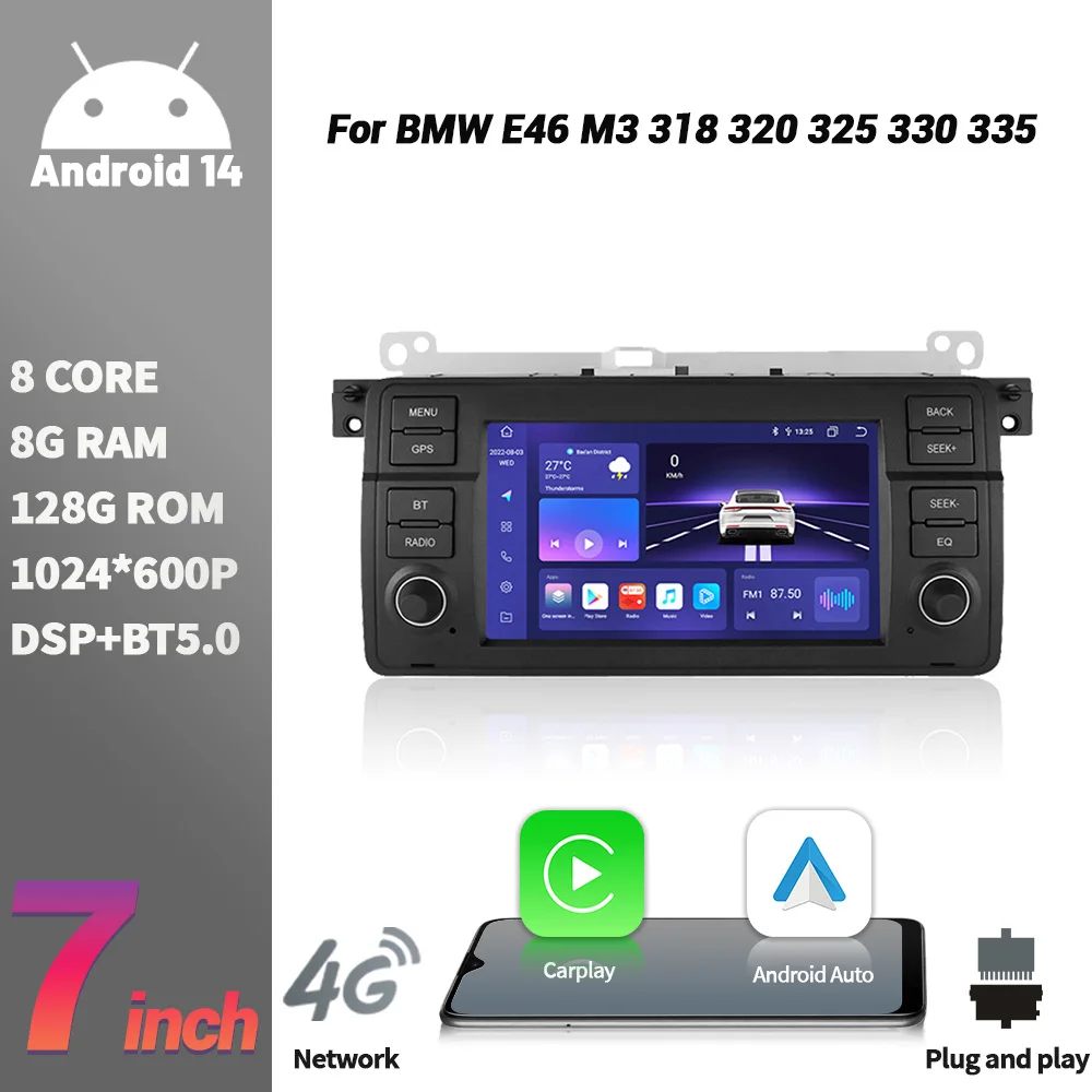 Для BMW 3 серии E46 1998-2006 Автомобильный радиоприемник Android 14 Беспроводной