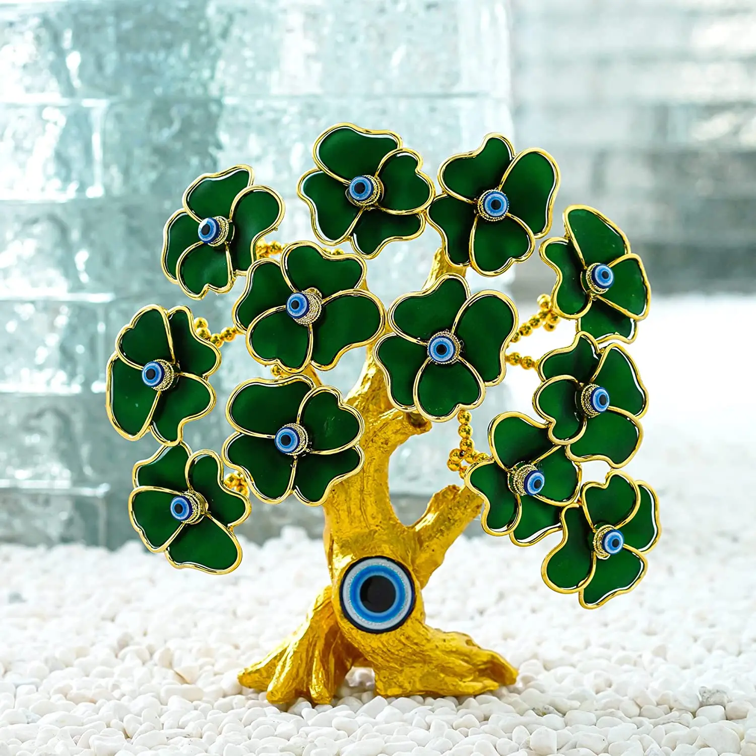 

H&D 9in Blue Evil Eye Tree Amulet with Green Flowers for Good Luck Charm Protection Feng Shui Showpiece Table Ornament