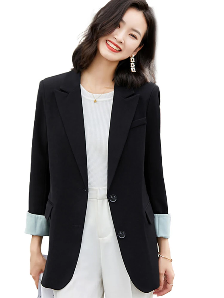 Two Button Blazer Casual Fashion Loose Style Jacket Office Lady Coat Wear with Two Pockets