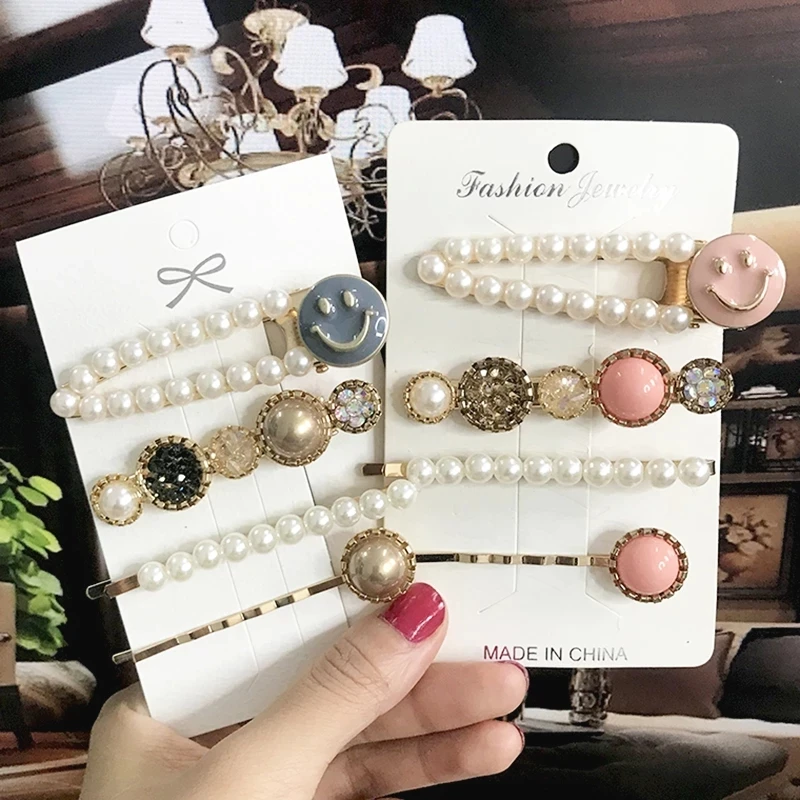 

Trendy Korean Pearl Crystal Hair Clips Set Sweet Smile Hair Barrettes For Women Girls Alloy Hair Pins Side Clip Accessories