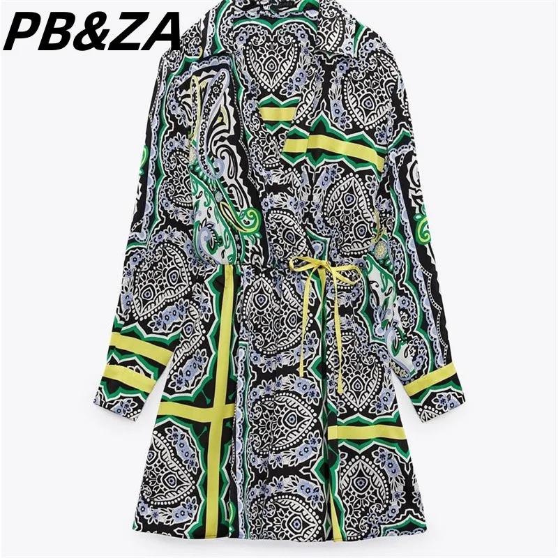 

PB&ZA 2023 Women's Clothing New All-match Double-breasted Lapel Long-sleeved Button-up Printed Bowknot Shirt Dress 2736124