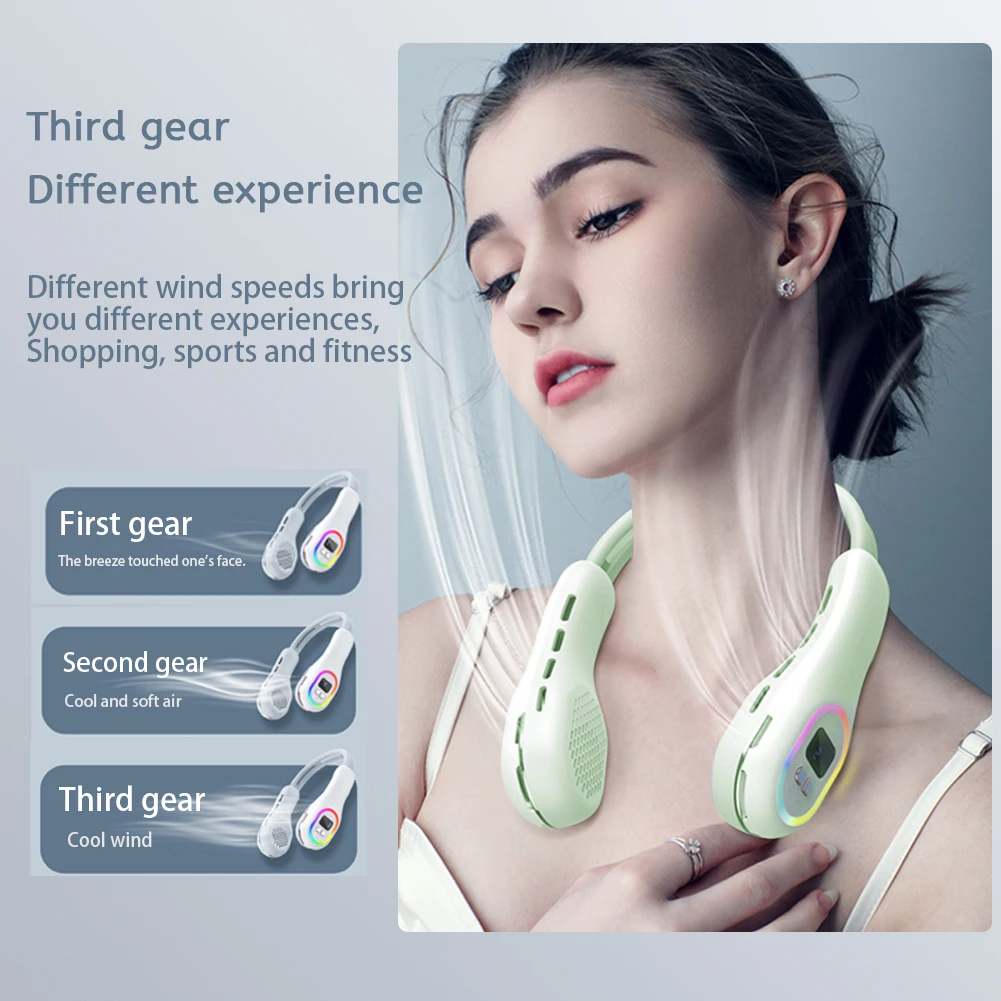 

Hanging Neck Fan Portable Cooler Fan USB Leafless 360 Degree Neckband Fan RGB Light Air Outlets 3600Mah Rechargeable mini fan