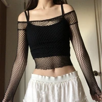 women black cutout see through sexy mesh crew neck long sleeve blouse summer fashion plus size white off shoulder top streetwear