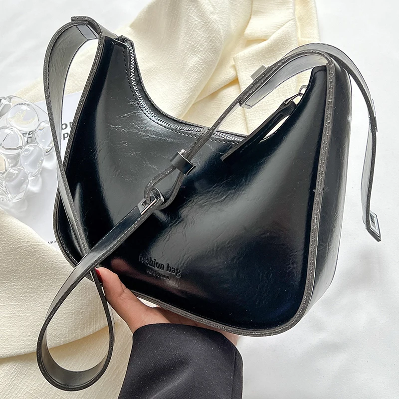 

Black Women's Hobos Crossbody Bag Ladies Oil Wax Leather Underarm Square Handbag Wide Strap Female Medium Shopper Shoulder Bags