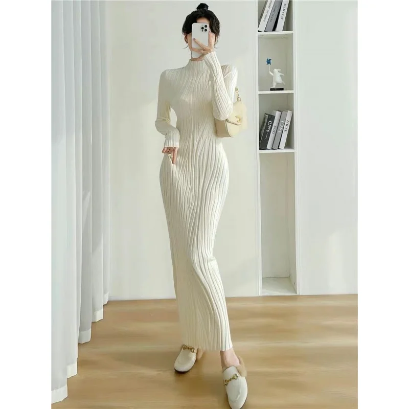 

Knitted one-piece dress for women 2023 spring Slim Bottoming dress female Half-High Collar Korea fall Knitt Sweater Dress ladies