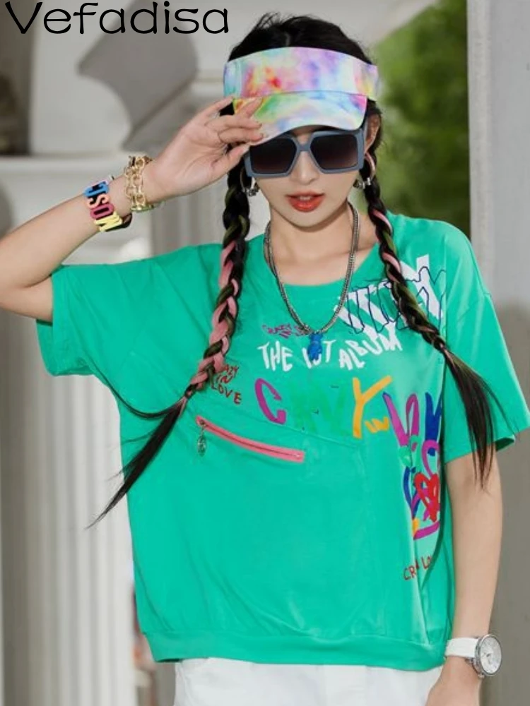 

Vefadisa 2023 Summer New Women Print Letter Short Sleeve Fashion Cotton T-shirt Personalized Trendy Girl Blue Green Top ZY1595