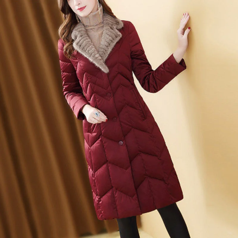 Female Fashionable Warm Imitation Fox Fur Collar Imitation Down Jacket Women 2022 Winter New Mid-Length Waist Cotton Coat thick