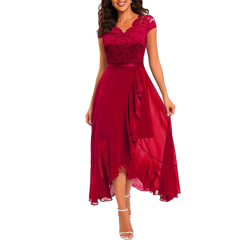 

Elegant Solid Color Sleeveless Women Dress Sexy V-Neck Lace Patchwork Wedding Clothes High Waist Ruffle Hem Asymmetrical Dress