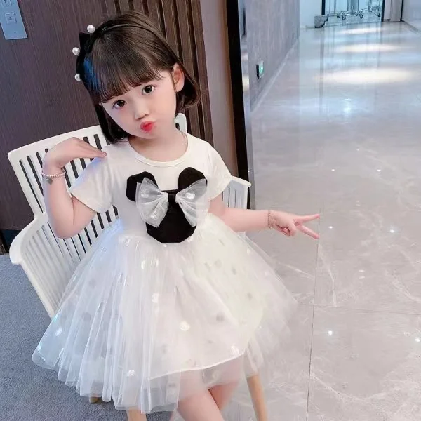 2023 new summer girls' dress cotton cartoon splicing birthday party dress princess dress 1-6T girls' children's clothing