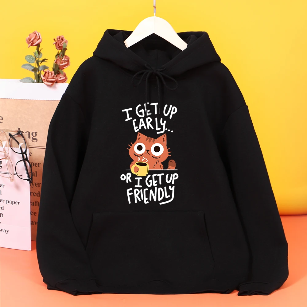 

I Get Up Are Lazy Cute Cat Prints Female Hoodie Street Comfortable Hoody hip hop Casual Hooded Cartoons Loose Clothes Womens