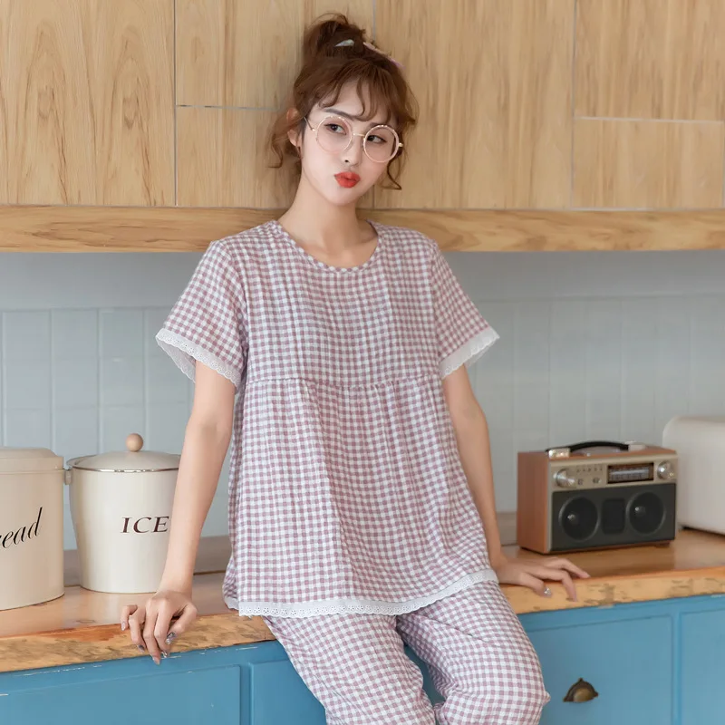 

Short Sleeves Pajamas Sets Sleepwear Shirt Pant 2Pcs Cotton Round Neck Home Clothing 2Pcs Sleep Suit Big Size Women Lounge