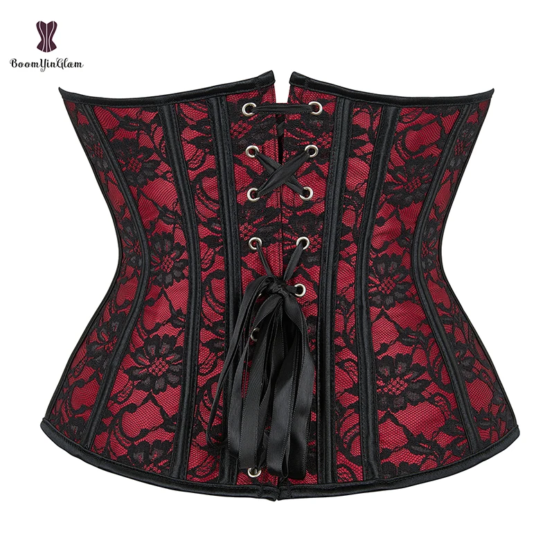 Front 29.5CM Red Floral Lace Waist Corsets Long Troso Cincher Shapers Underbust Korsett Woman Plus Size Outfit Shapewear 919#