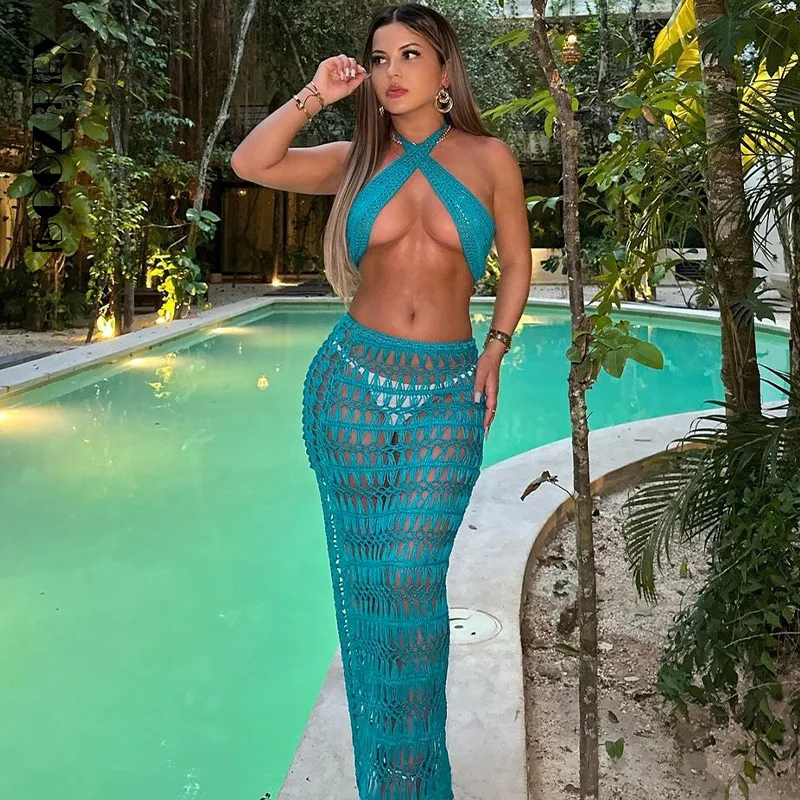 

BoozRey See Through Hollow 2-piece Set for Women Sexy Neck-mounted Sleeveless Tops Slim Slit Length Skirt Beach Sundress Outfits