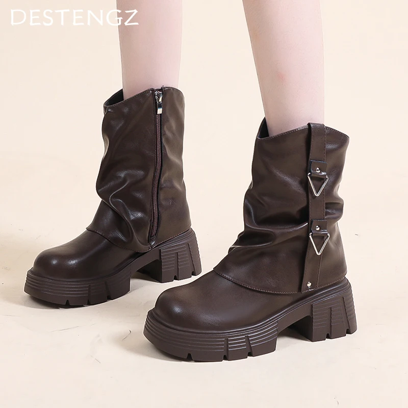 Женские кожаные ботильоны зимняя обувь на среднем каблуке женская трендовая