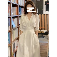 2022 new dress womens summer white v neck design temperament fashion waist closing thin middle and long skirt children