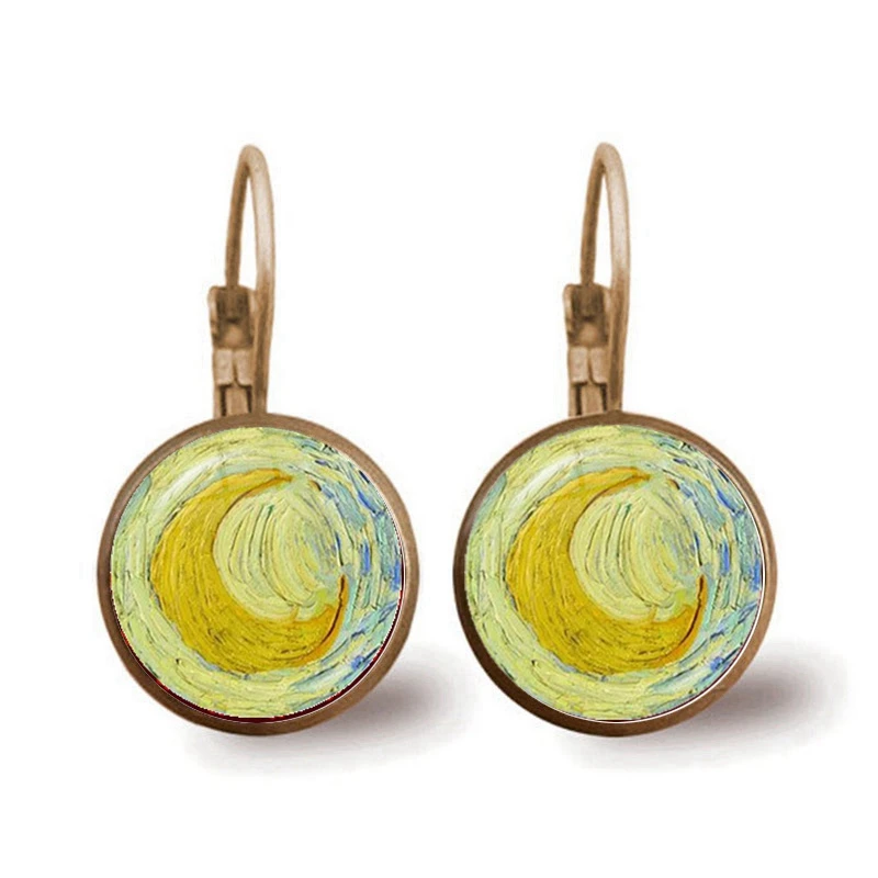 

New Van Gogh Starry Glass Cabochon Vintage French Hoop Earrings Metal Glass Girl Earrings Gift Jewelry