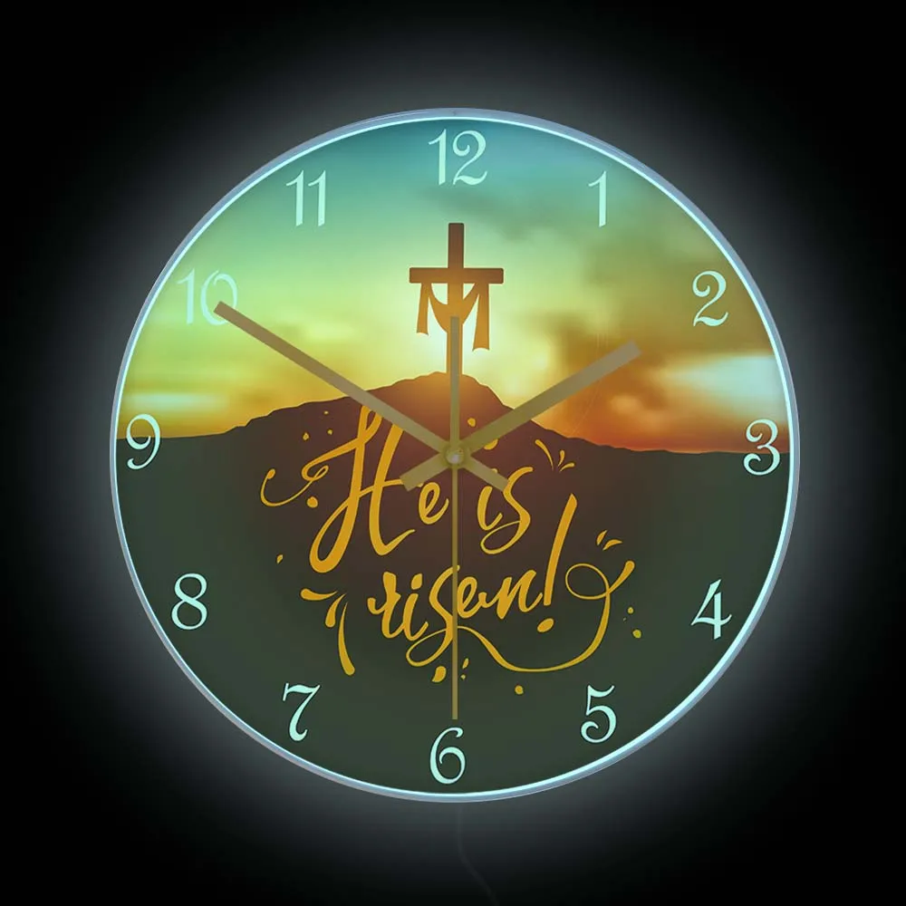 

Jesus He Is Risen Silent Quartz Wall Clock With LED Backlight Christian Easter Religious Home Decor Lighted Clock Spiritual Gift