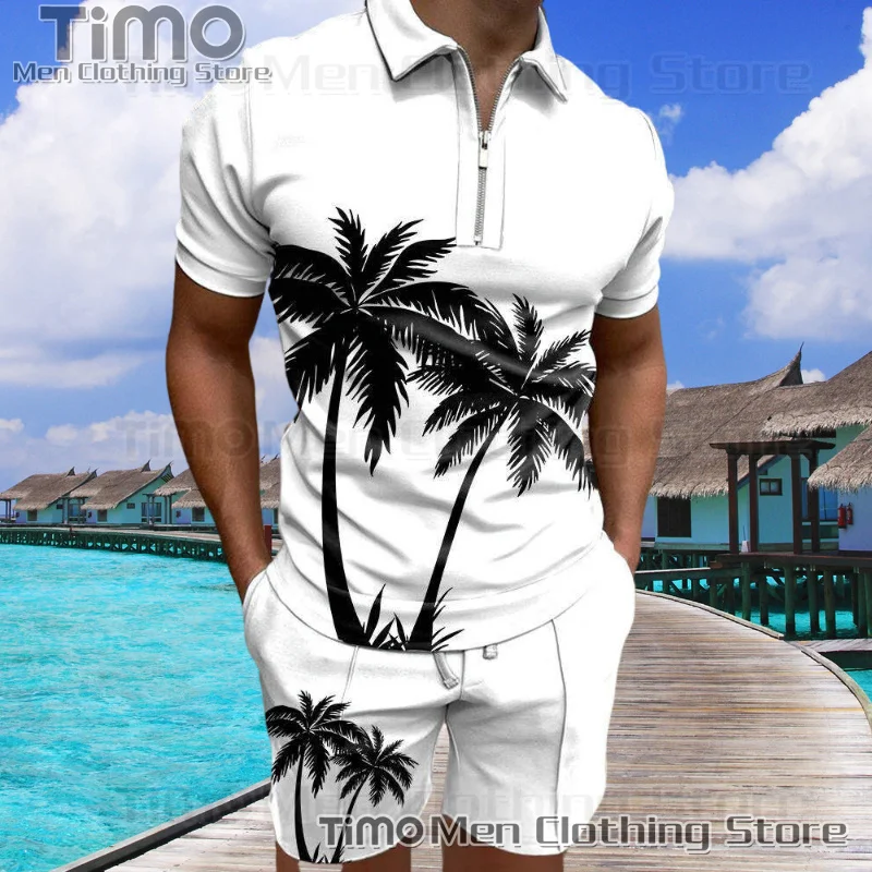 Hawaiian Men Tracksuit Coconut Tree 3D Printed Clothing Beach Fashion Casual 2 Piece Summer Short Sleeved Polo Shirt Shorts Set