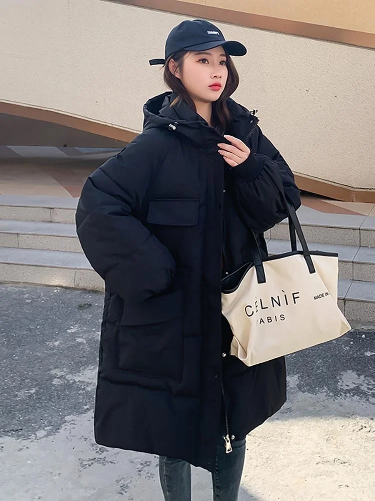 New 2022 Women Winter Hooded Long Parkas Solid Black Casual Female Outwear Padded Coat High Quality Winter Clothes