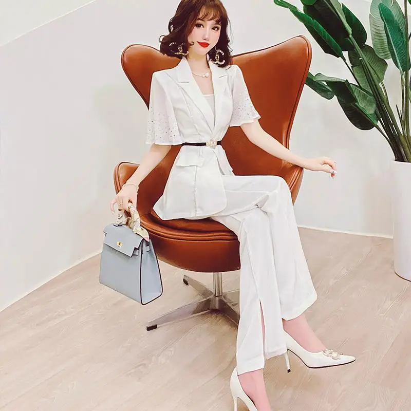 

2022 Women's Summer New Office Lady Suits Female Short Sleeve Solid Notched Shirts + Split Flare Pants Ladies Two-piece Sets F20